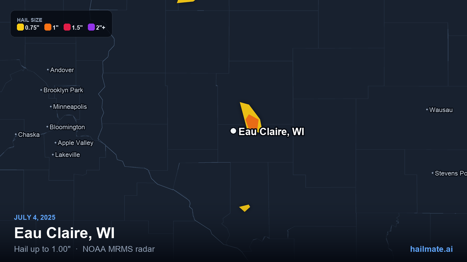 Hail swath map for Eau Claire, WI on July 4, 2025 showing 1.00 inch hail.