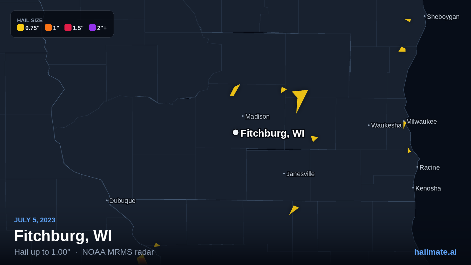 Hail swath map for Fitchburg, WI on July 5, 2023 showing 1.00 inch hail.