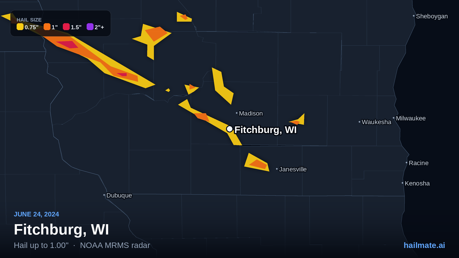 Hail swath map for Fitchburg, WI on June 24, 2024 showing 1.00 inch hail.
