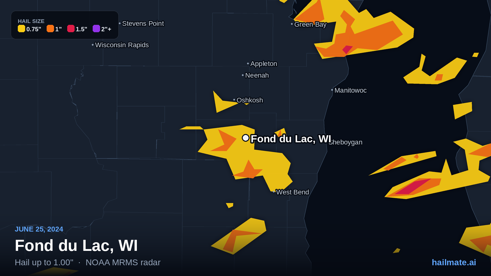 Hail swath map for Fond du Lac, WI on June 25, 2024 showing 1.00 inch hail.