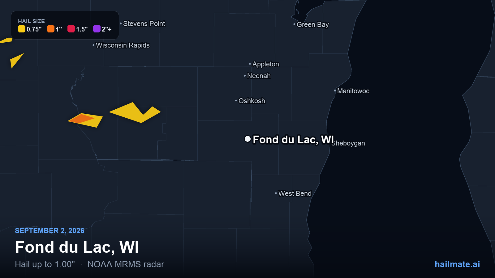 Hail swath map for Fond du Lac, WI on September 2, 2026 showing 1.00 inch hail.