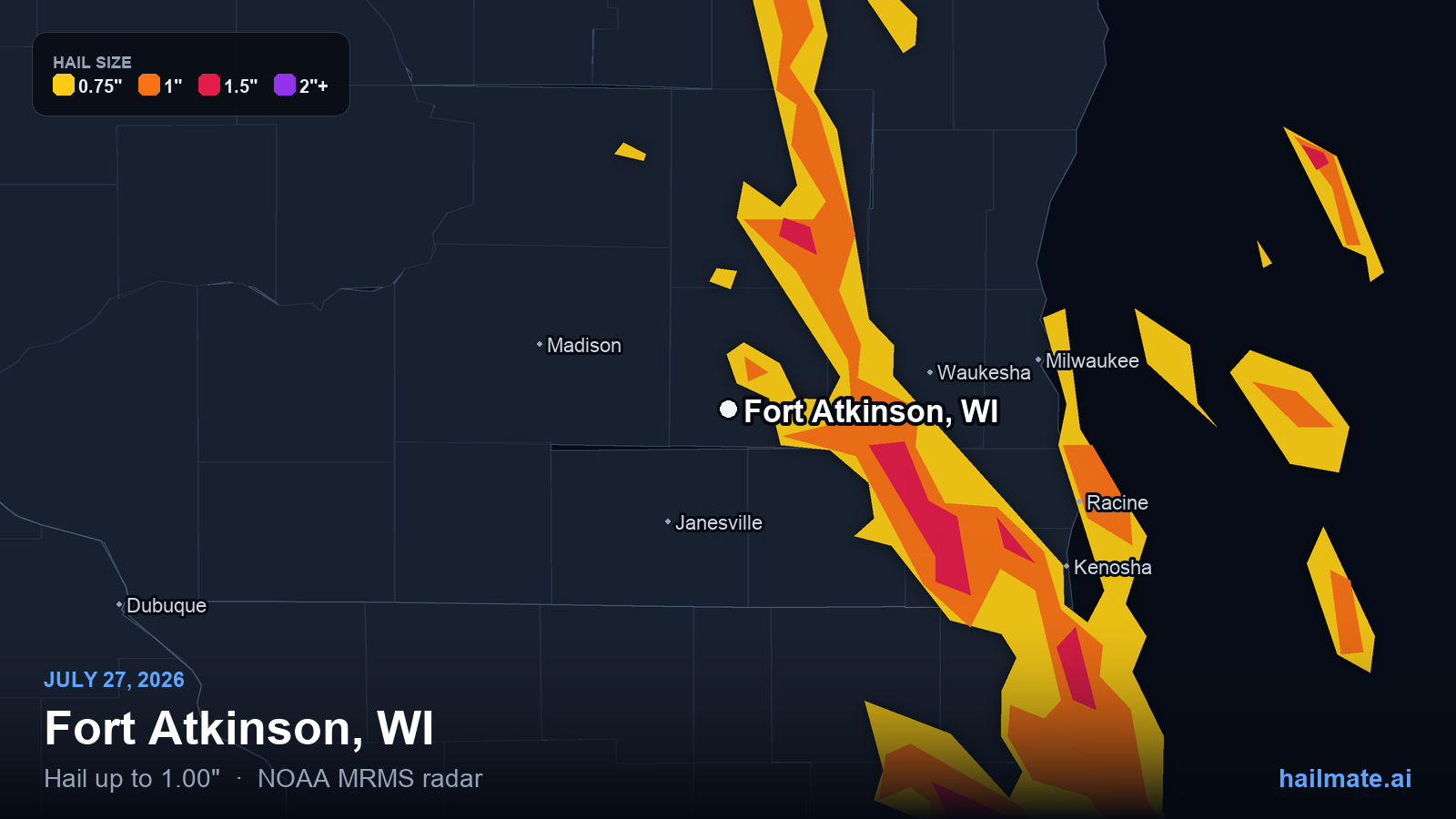 Hail swath map for Fort Atkinson, WI on July 27, 2026 showing 1.00 inch hail.