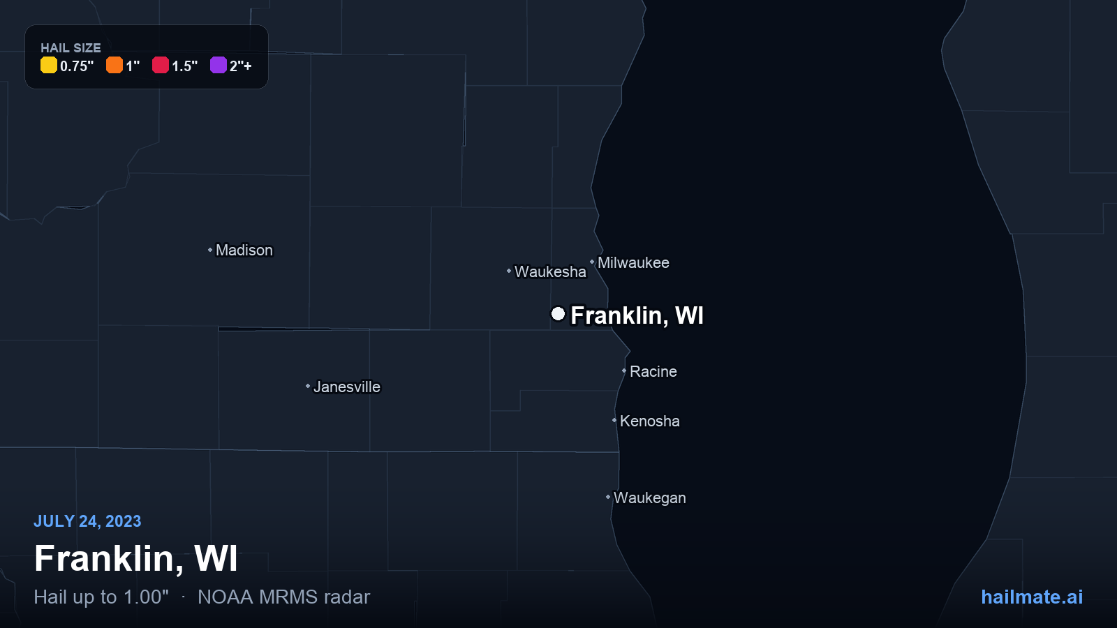 Hail swath map for Franklin, WI on July 24, 2023 showing 1.00 inch hail.