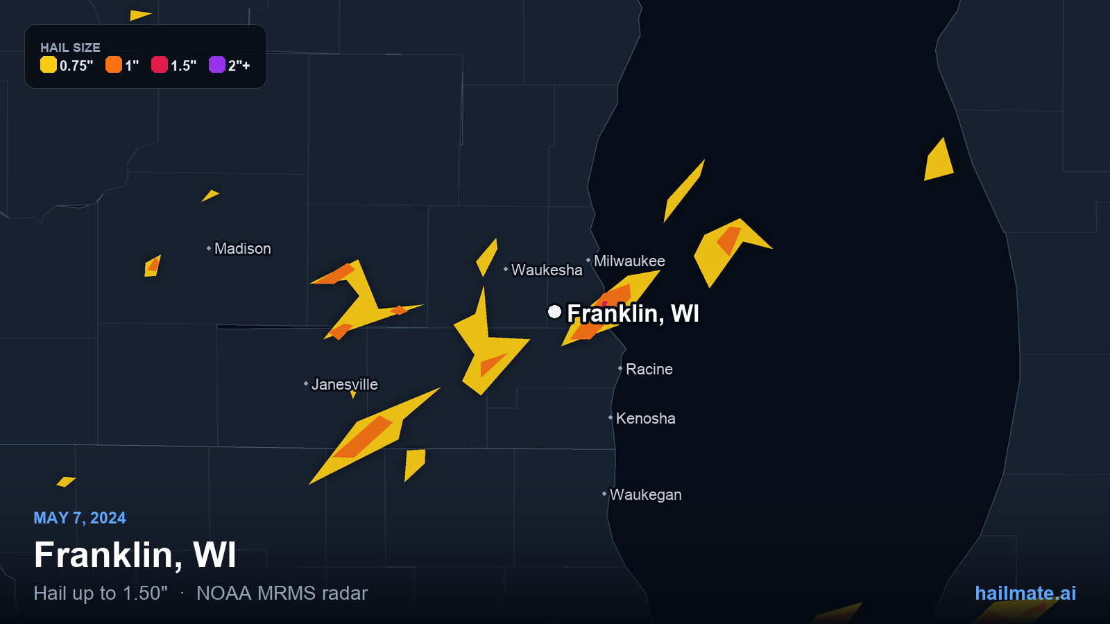 Hail swath map for Franklin, WI on May 7, 2024 showing 1.50 inch hail.