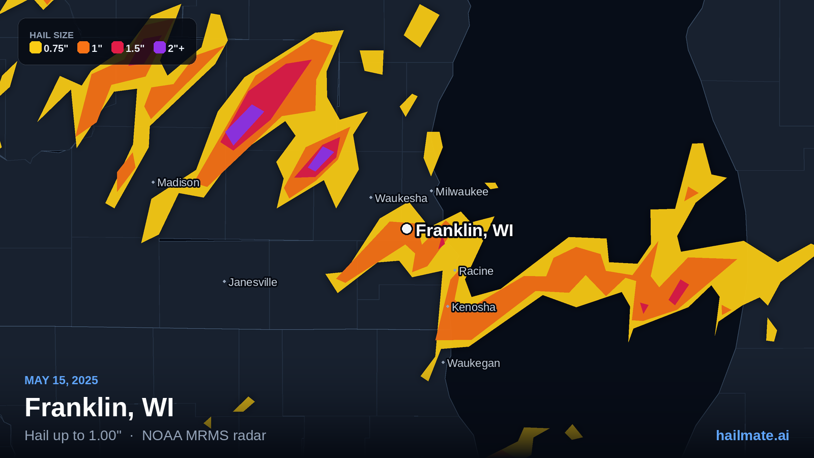 Hail swath map for Franklin, WI on May 15, 2025 showing 1.00 inch hail.