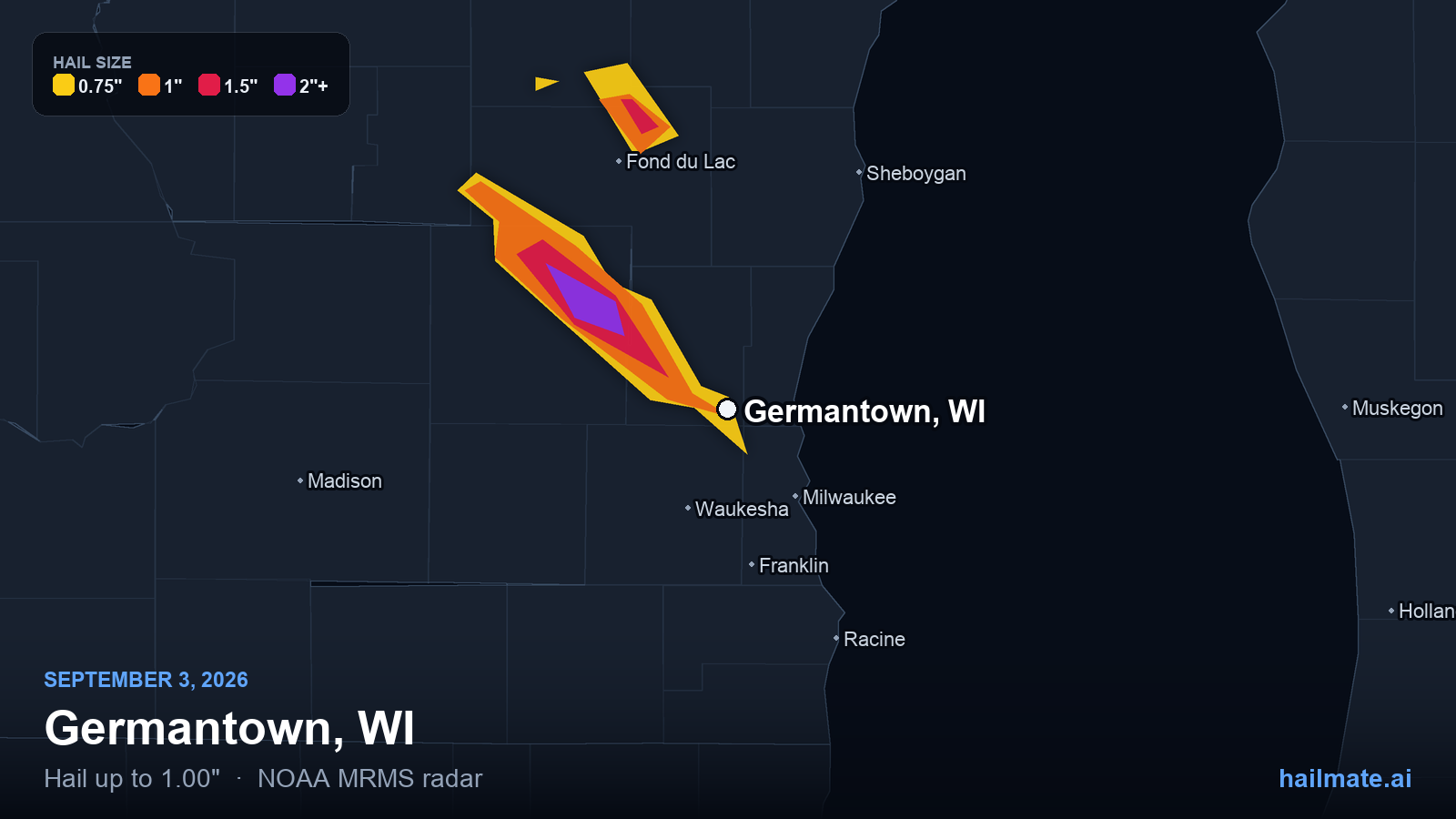 Hail swath map for Germantown, WI on September 3, 2026 showing 1.00 inch hail.