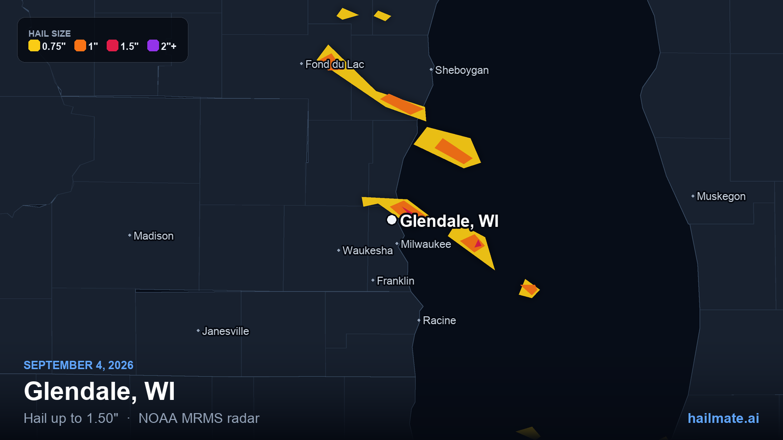 Hail swath map for Glendale, WI on September 4, 2026 showing 1.50 inch hail.