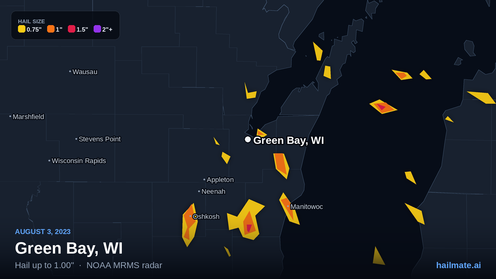 Hail swath map for Green Bay, WI on August 3, 2023 showing 1.00 inch hail.
