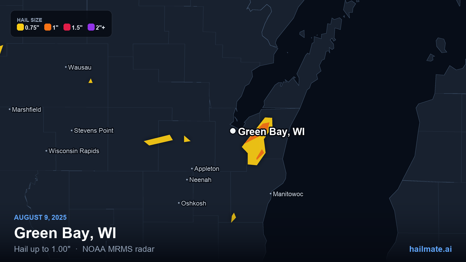 Hail swath map for Green Bay, WI on August 9, 2025 showing 1.00 inch hail.
