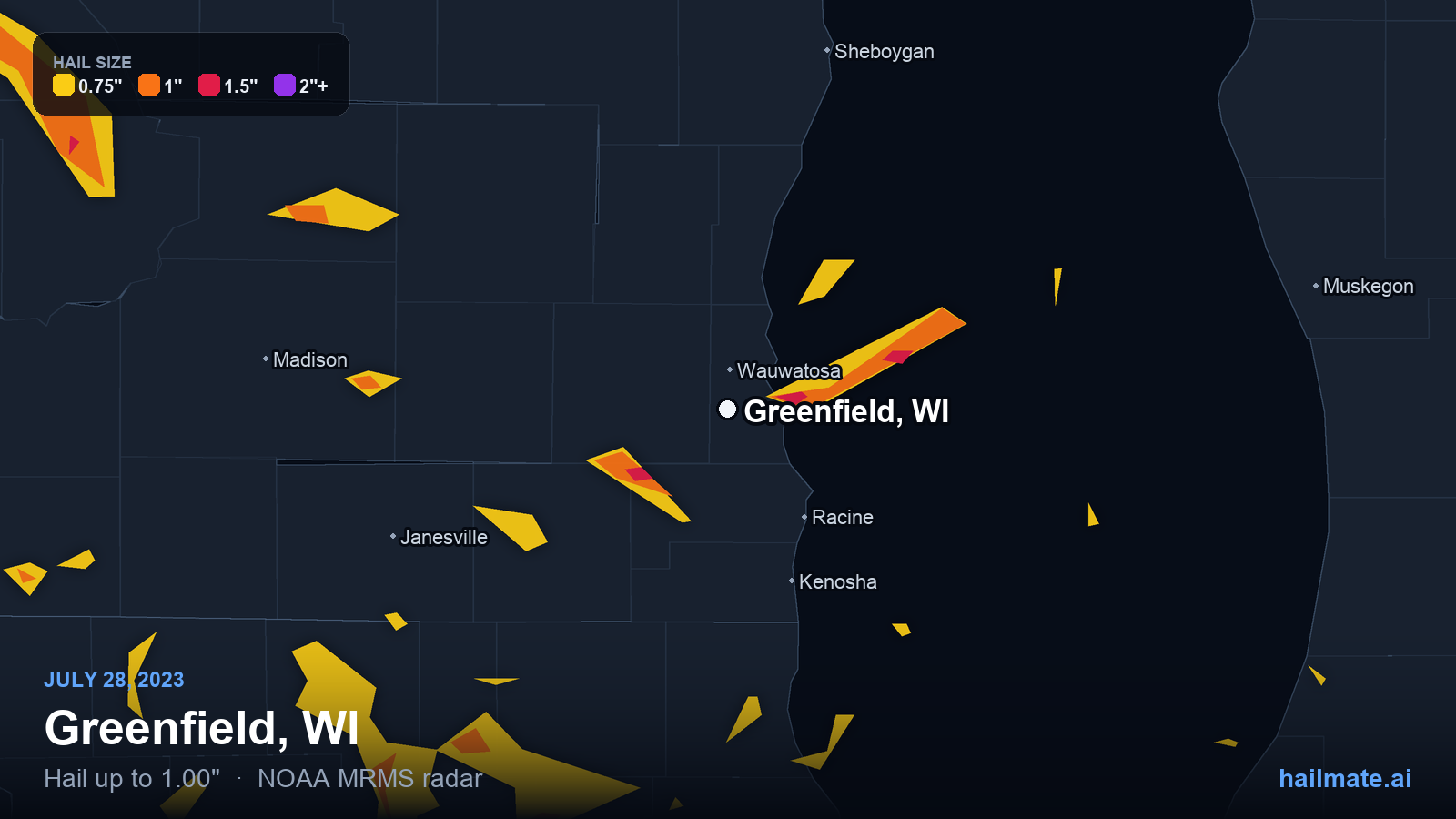 Hail swath map for Greenfield, WI on July 28, 2023 showing 1.00 inch hail.