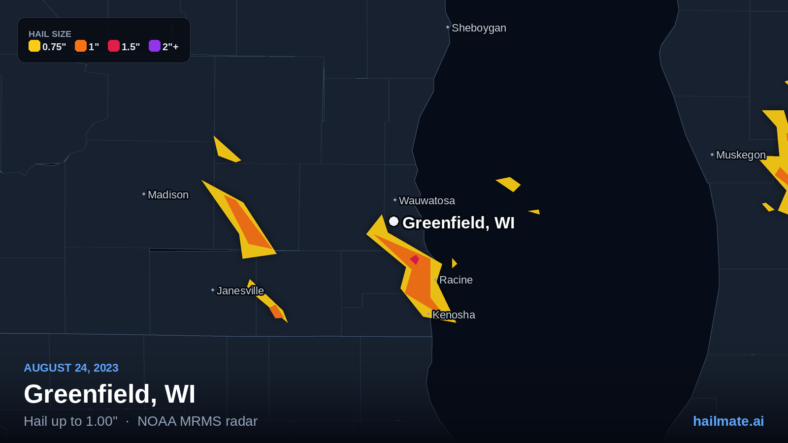 Hail swath map for Greenfield, WI on August 24, 2023 showing 1.00 inch hail.
