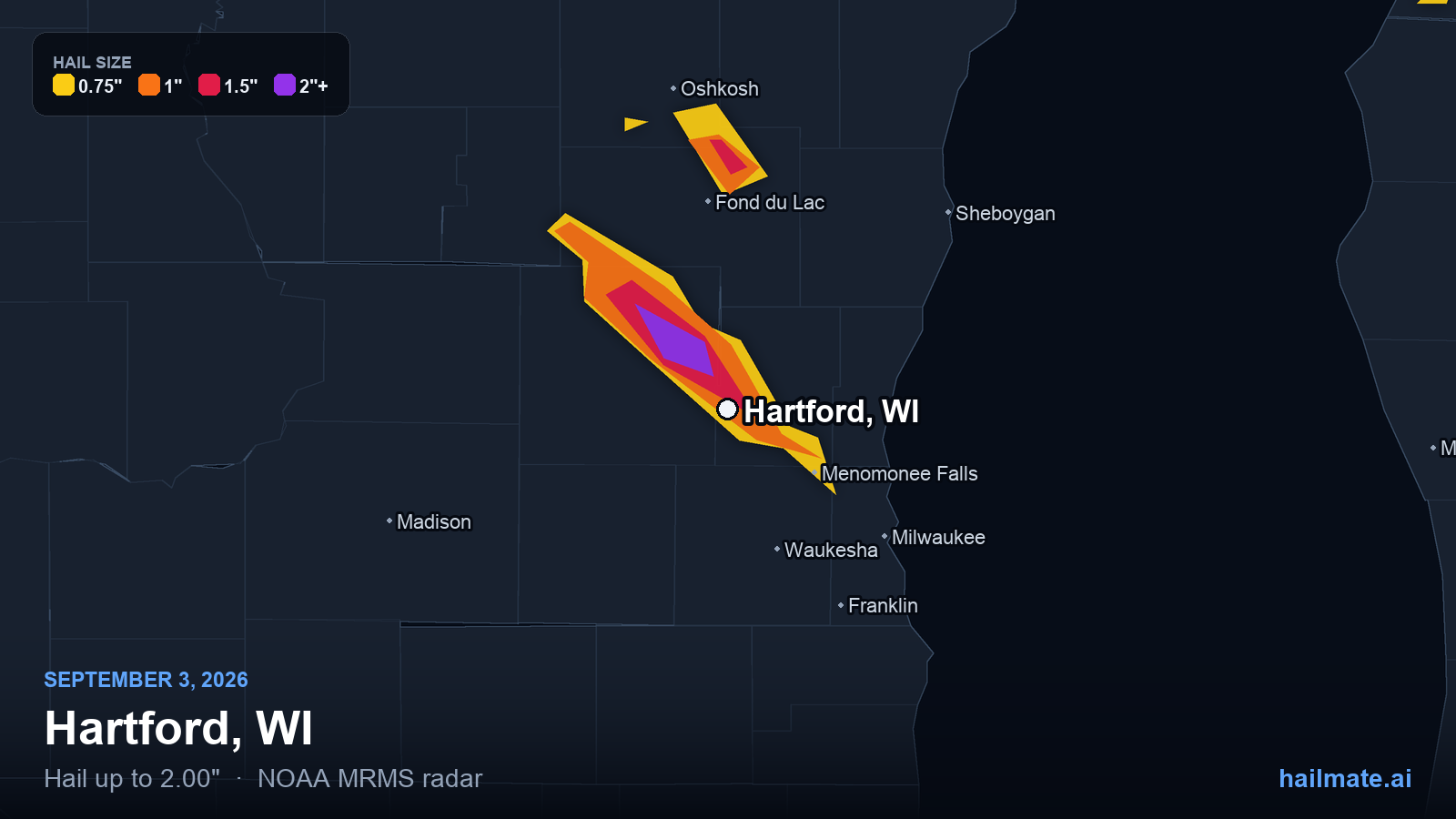 Hail swath map for Hartford, WI on September 3, 2026 showing 2.00 inch hail.