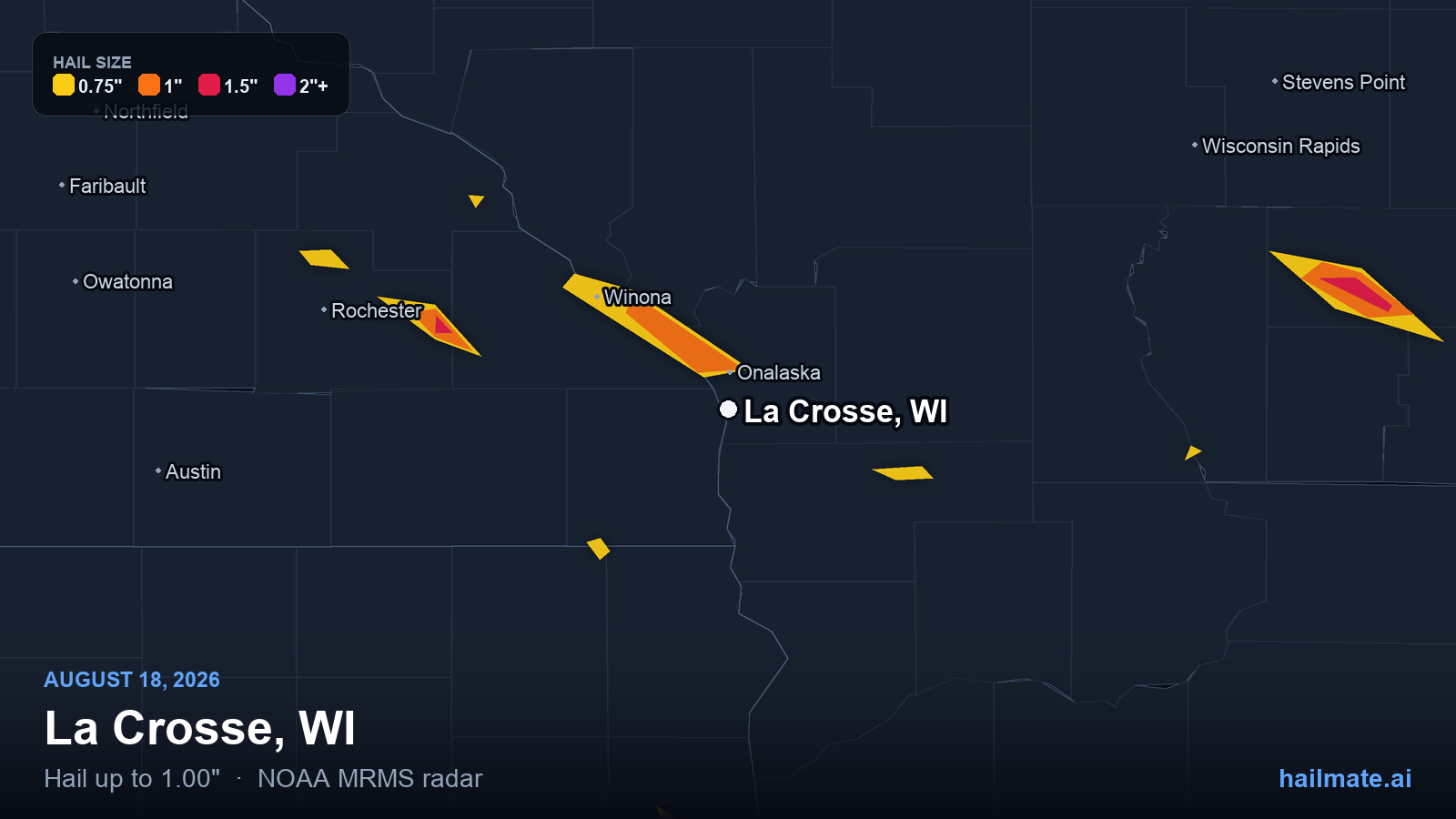 Hail swath map for La Crosse, WI on August 18, 2026 showing 1.00 inch hail.
