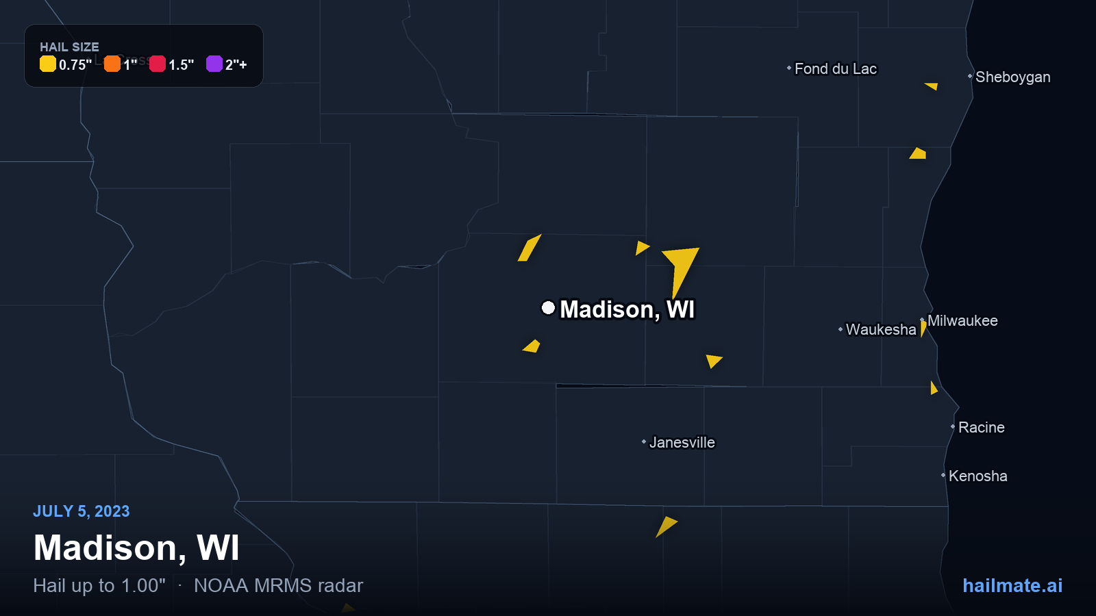 Hail swath map for Madison, WI on July 5, 2023 showing 1.00 inch hail.