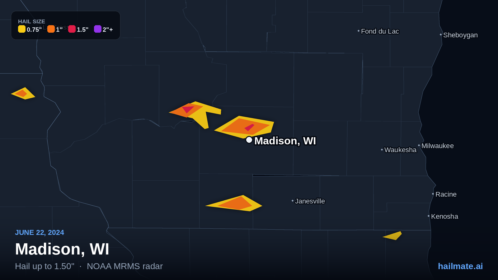 Hail swath map for Madison, WI on June 22, 2024 showing 1.50 inch hail.