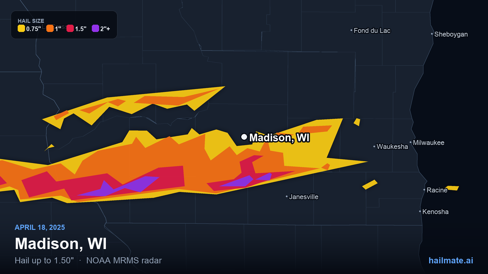 Hail swath map for Madison, WI on April 18, 2025 showing 1.50 inch hail.
