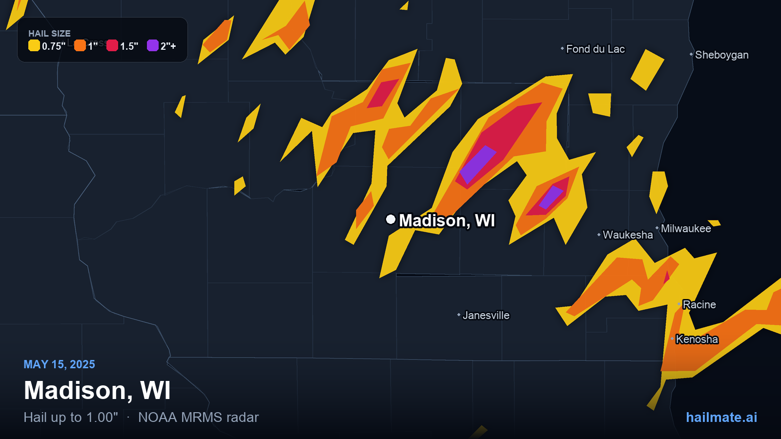 Hail swath map for Madison, WI on May 15, 2025 showing 1.00 inch hail.