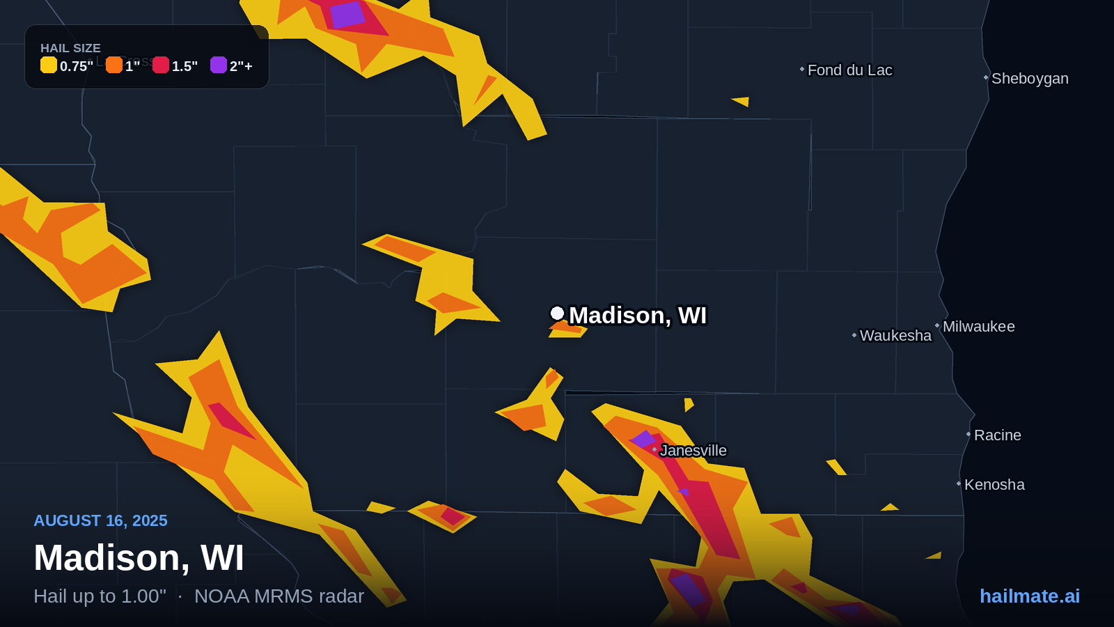 Hail swath map for Madison, WI on August 16, 2025 showing 1.00 inch hail.