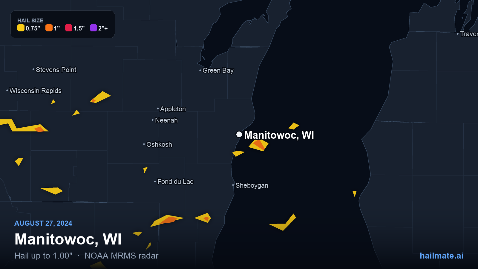 Hail swath map for Manitowoc, WI on August 27, 2024 showing 1.00 inch hail.