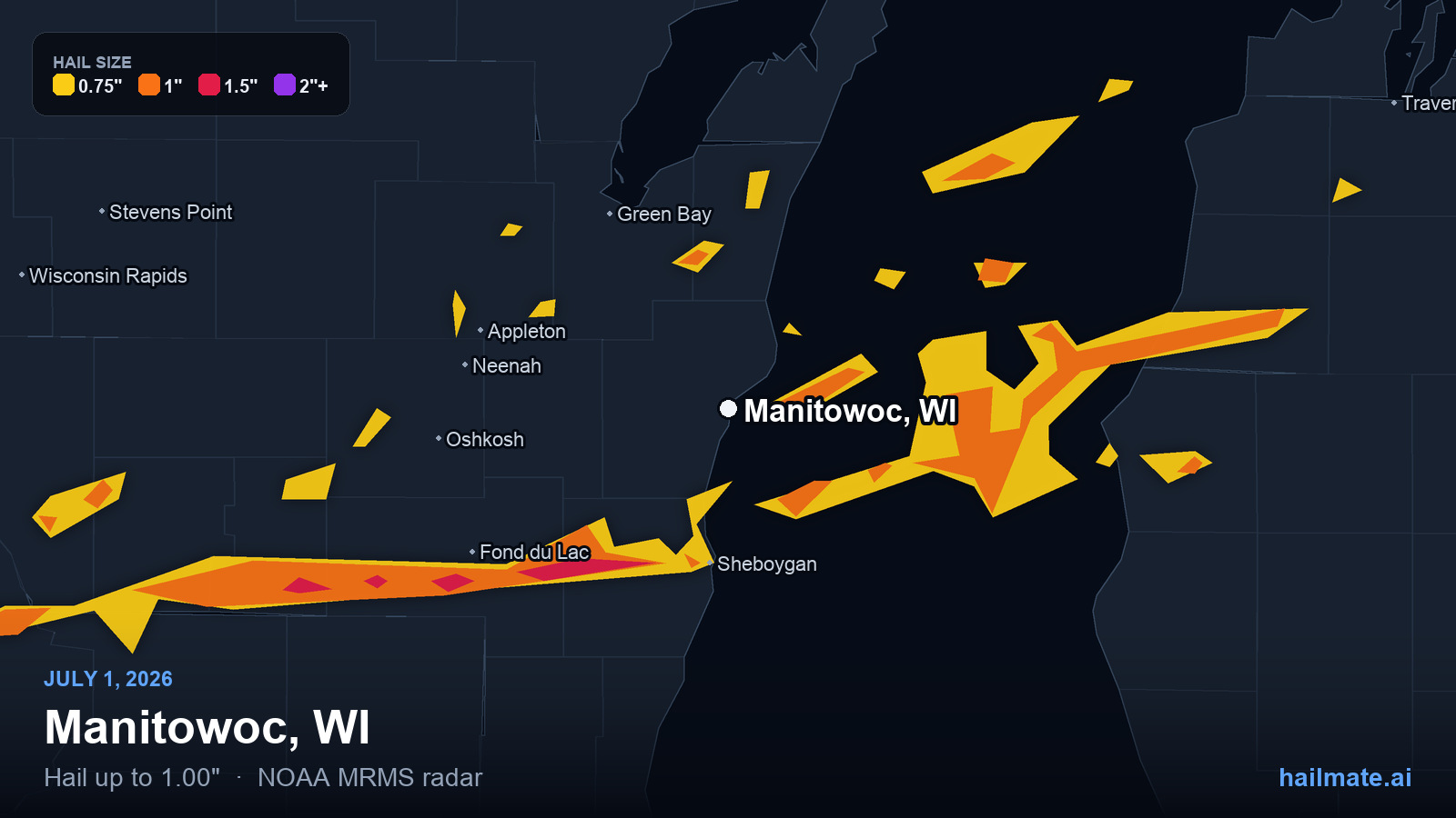 Hail swath map for Manitowoc, WI on July 1, 2026 showing 1.00 inch hail.
