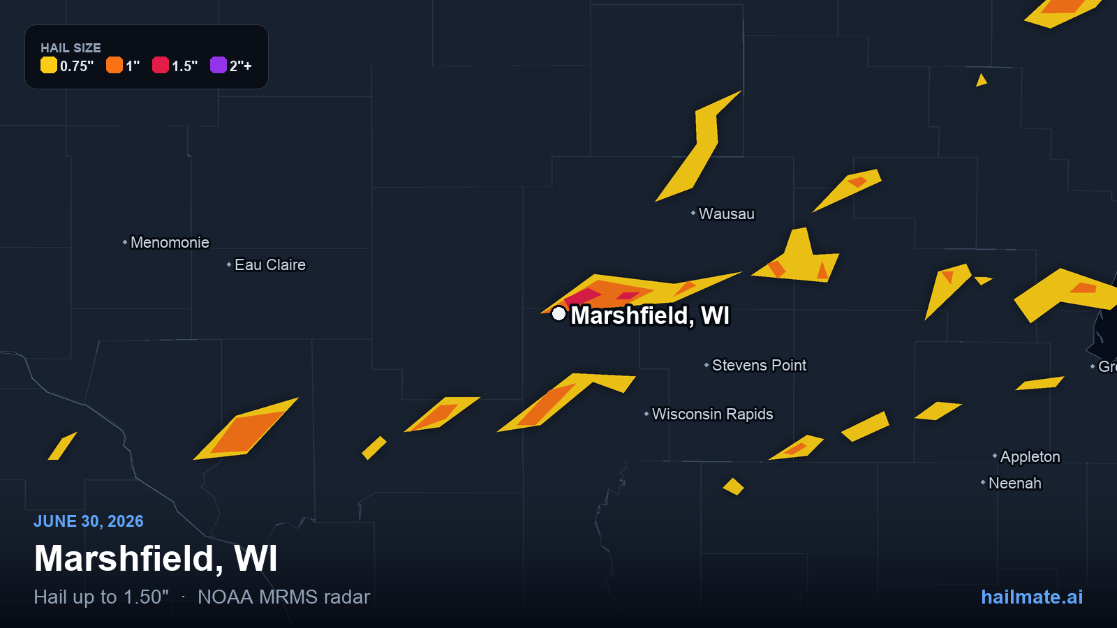 Hail swath map for Marshfield, WI on June 30, 2026 showing 1.50 inch hail.