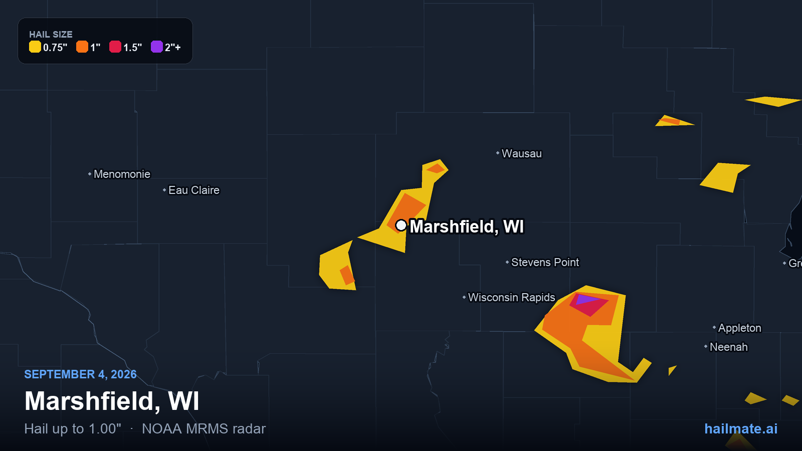 Hail swath map for Marshfield, WI on September 4, 2026 showing 1.00 inch hail.