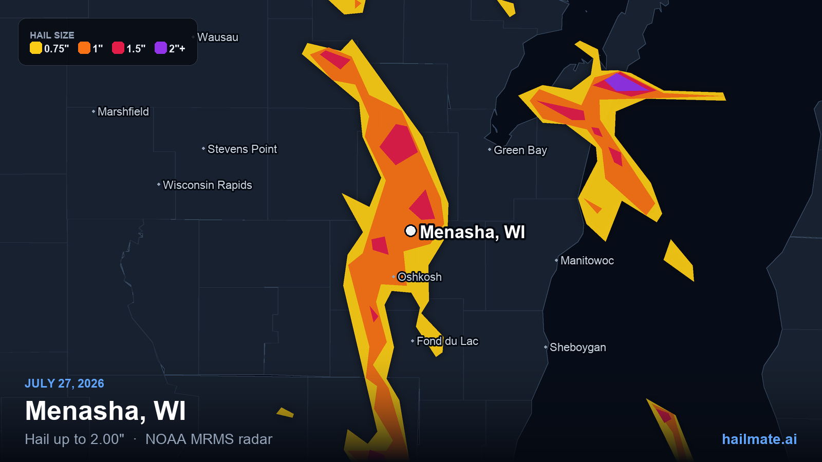 Hail swath map for Menasha, WI on July 27, 2026 showing 2.00 inch hail.