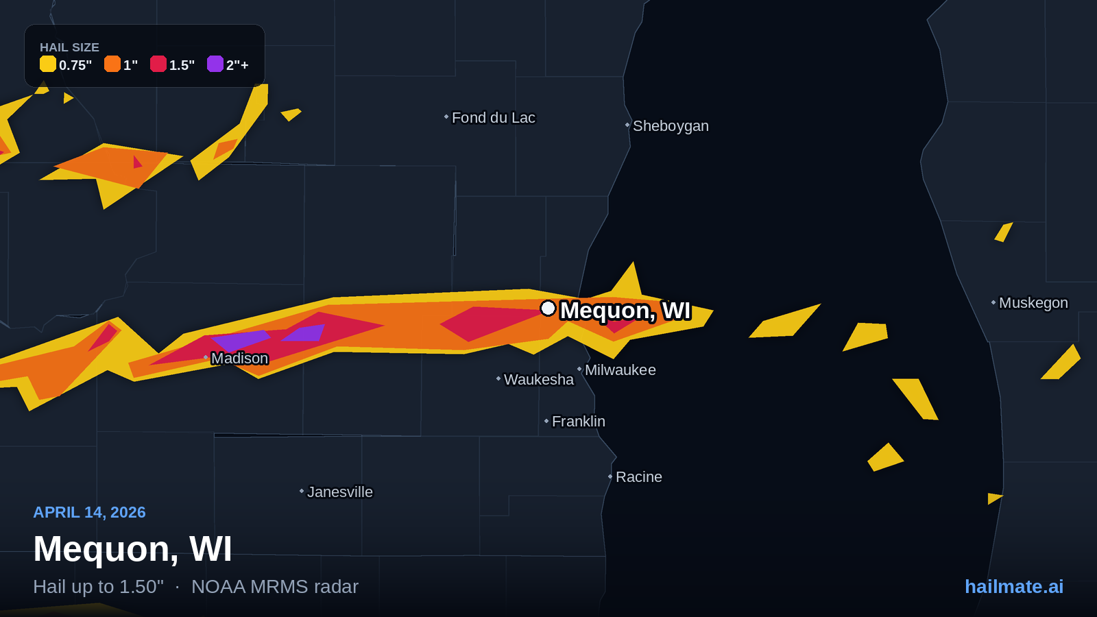 Hail swath map for Mequon, WI on April 14, 2026 showing 1.50 inch hail.