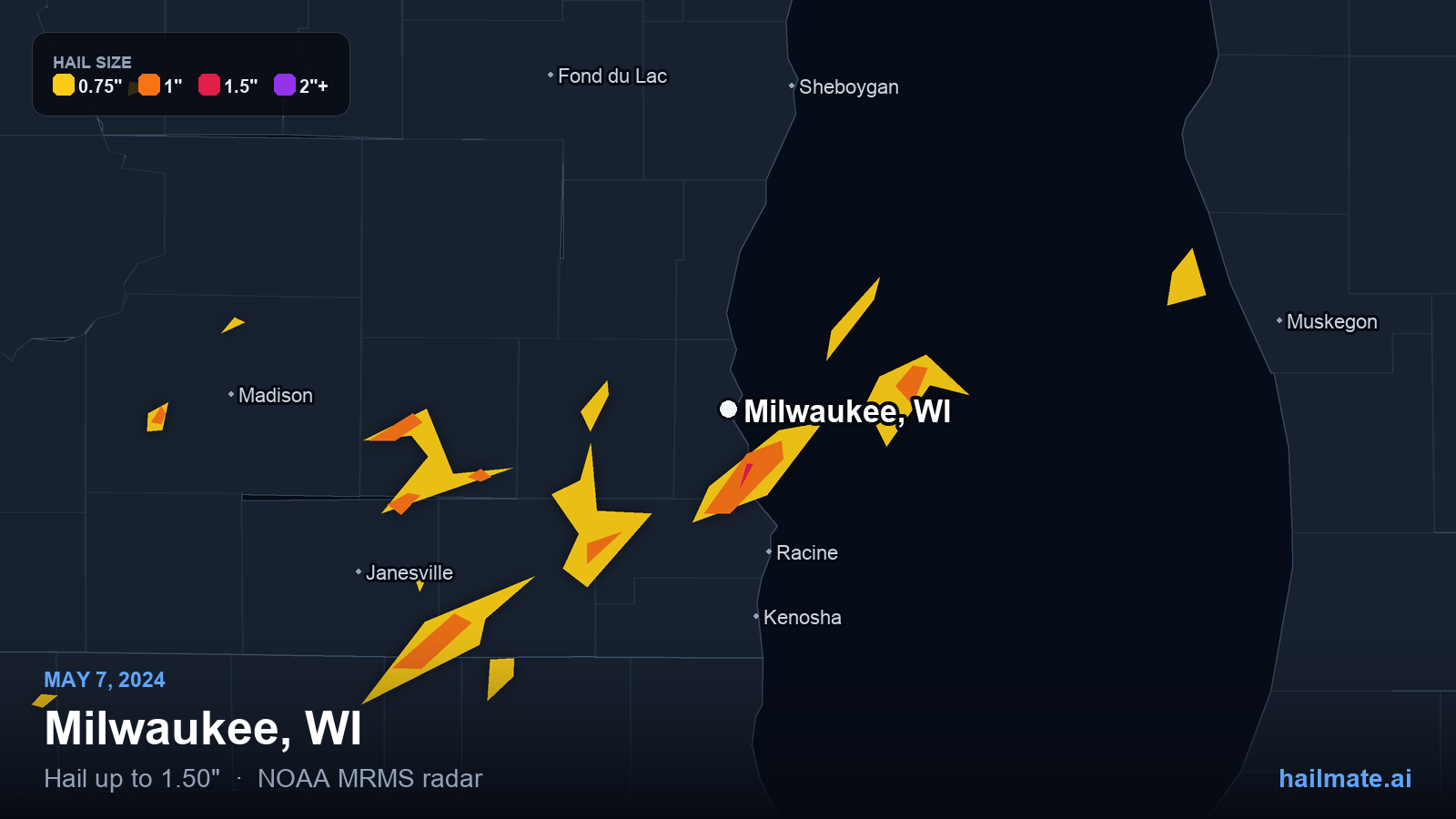 Hail swath map for Milwaukee, WI on May 7, 2024 showing 1.50 inch hail.