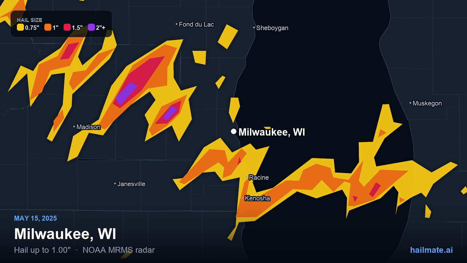 Hail swath map for Milwaukee, WI on May 15, 2025 showing 1.00 inch hail.