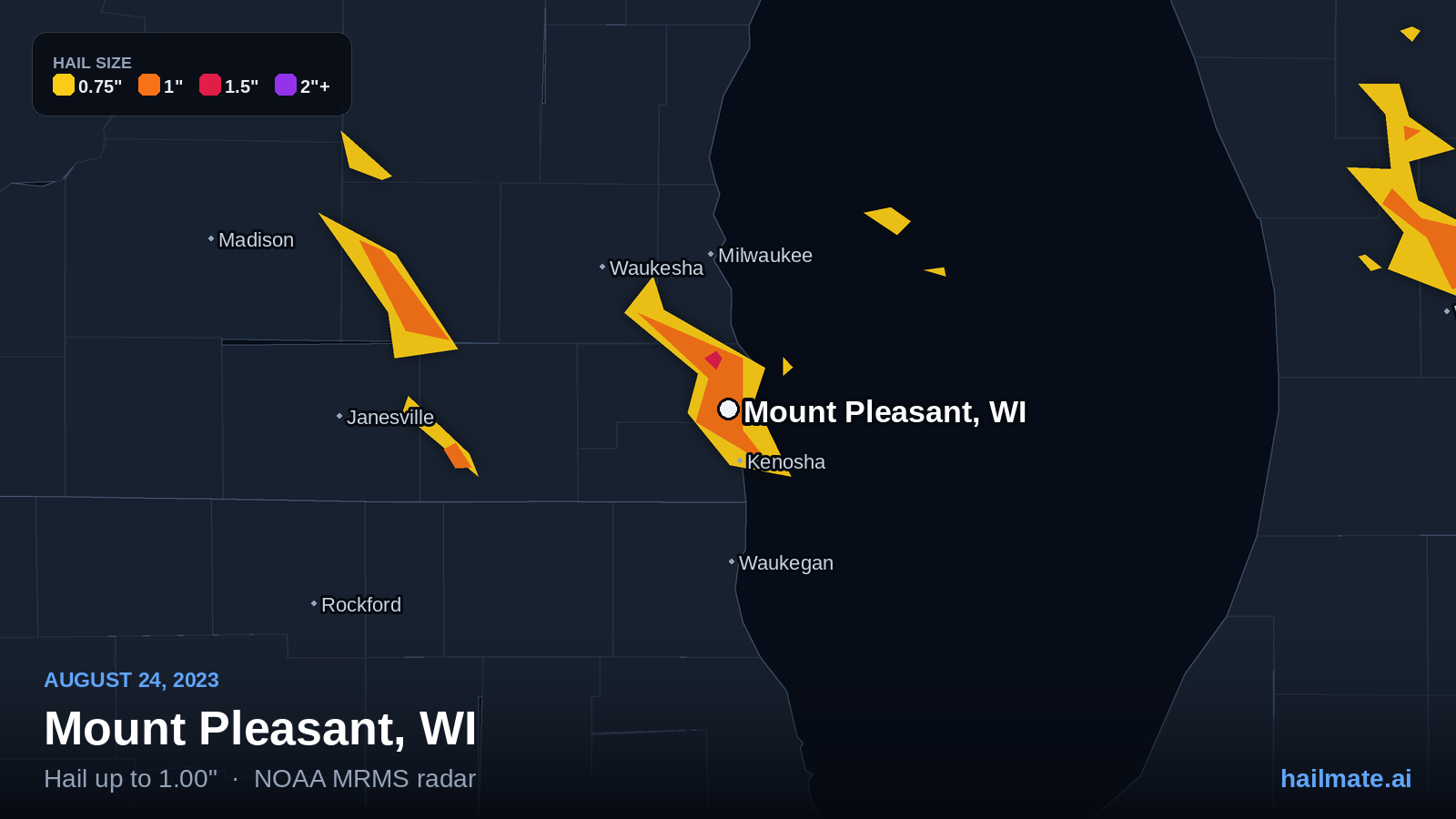 Hail swath map for Mount Pleasant, WI on August 24, 2023 showing 1.00 inch hail.