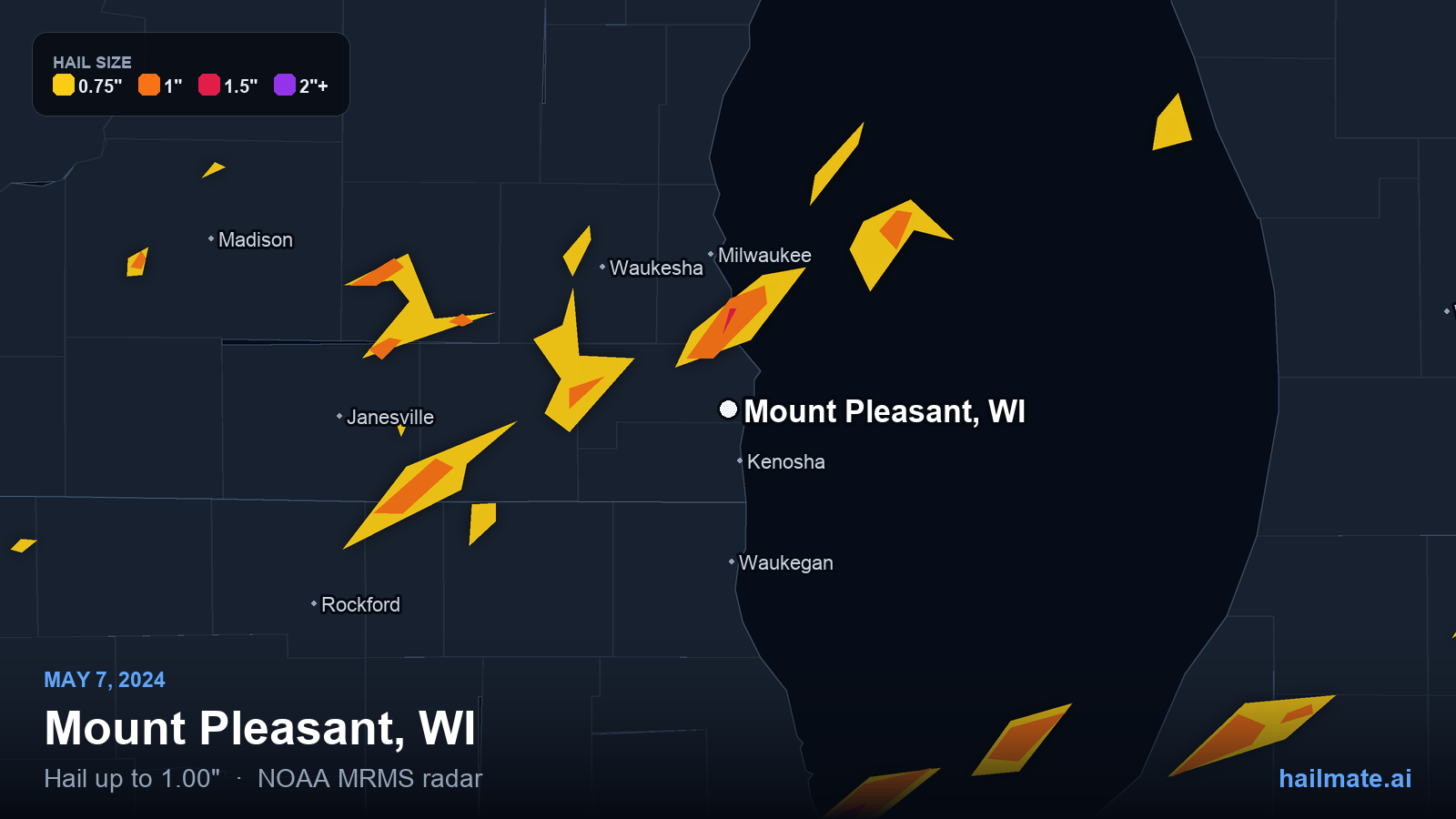 Hail swath map for Mount Pleasant, WI on May 7, 2024 showing 1.00 inch hail.