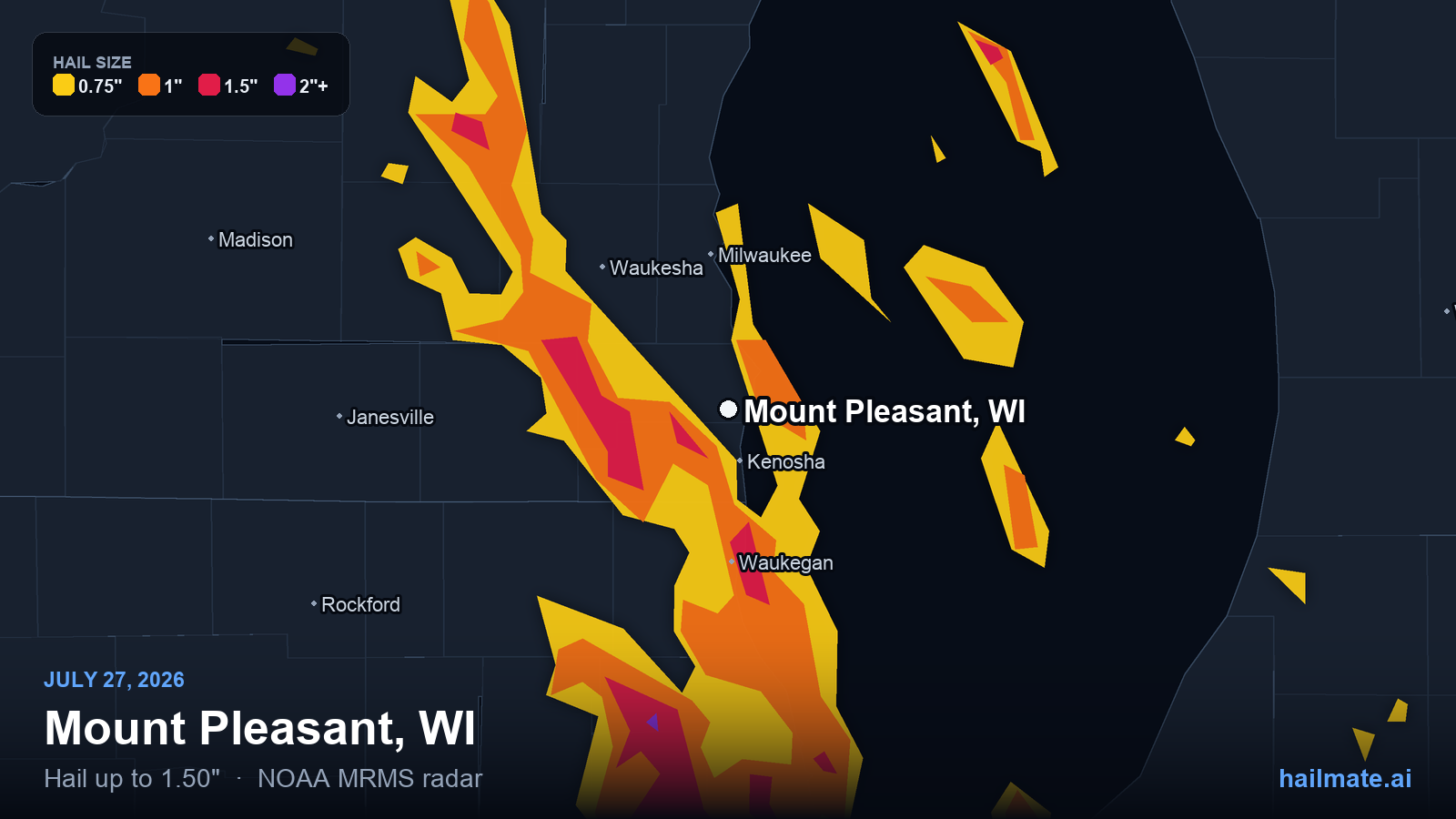 Hail swath map for Mount Pleasant, WI on July 27, 2026 showing 1.50 inch hail.