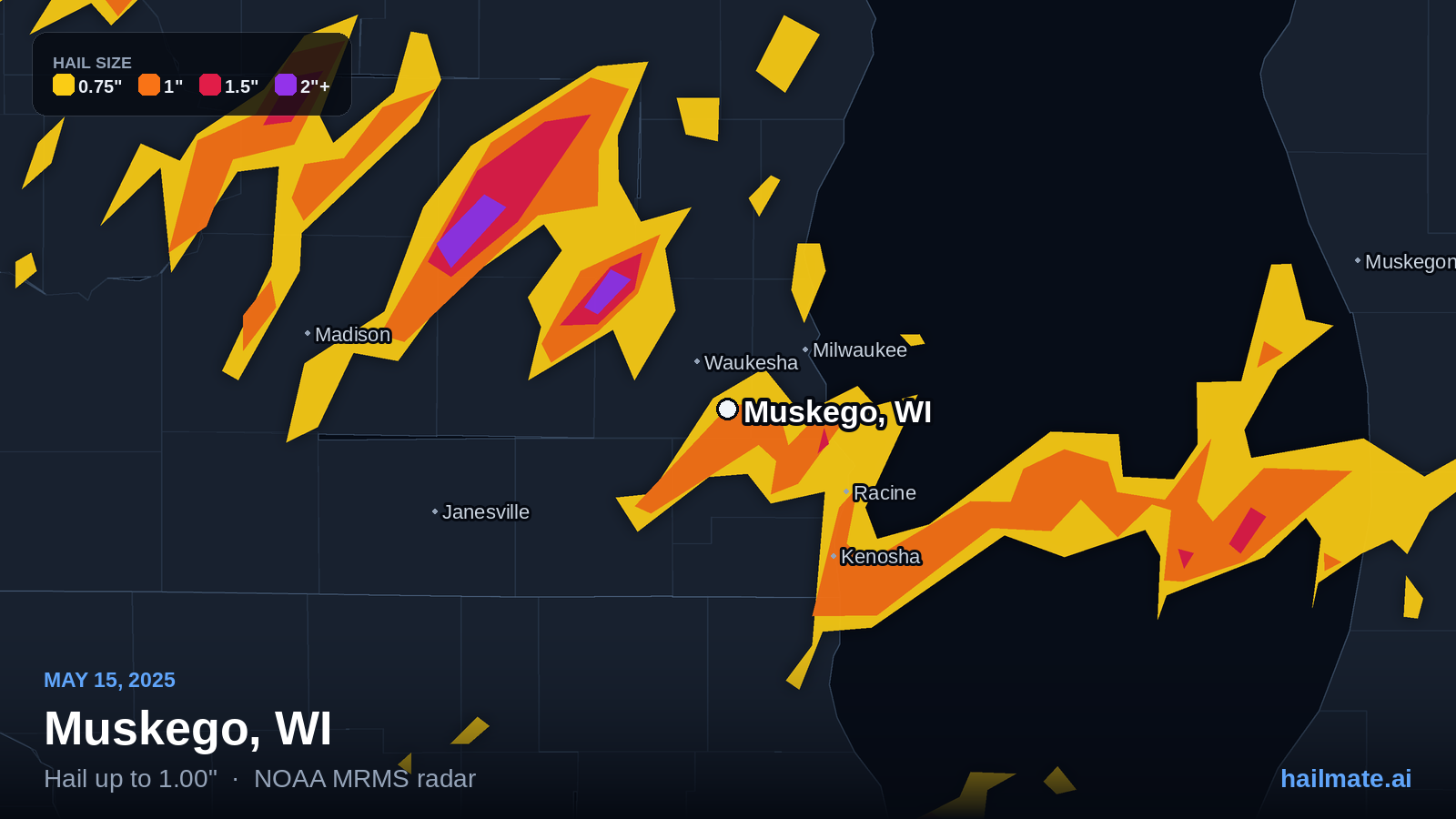 Hail swath map for Muskego, WI on May 15, 2025 showing 1.00 inch hail.