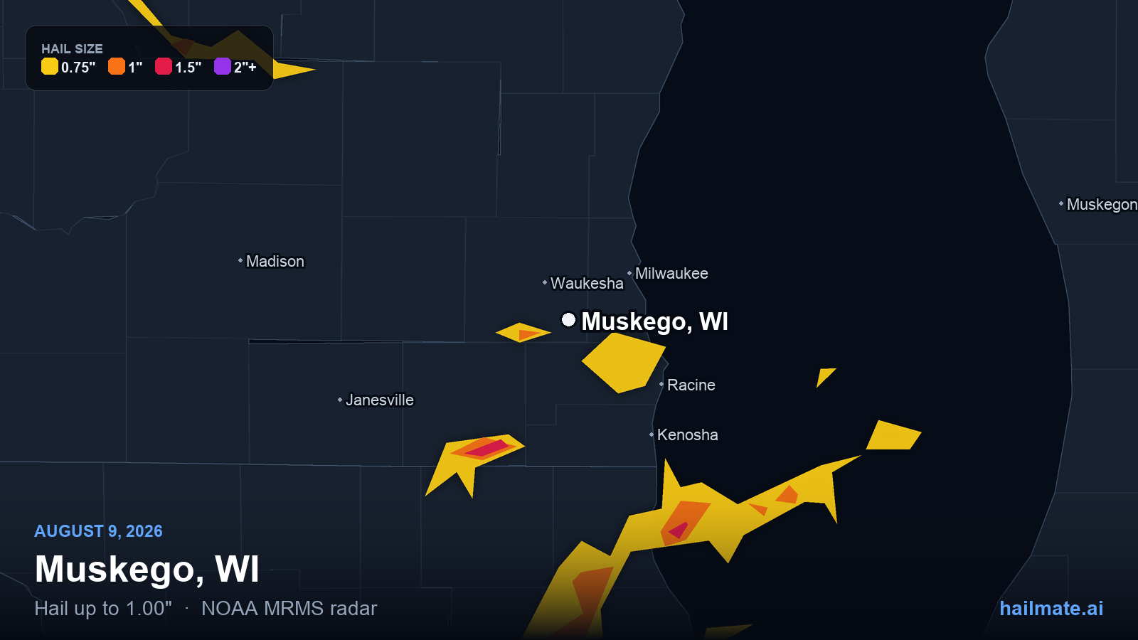 Hail swath map for Muskego, WI on August 9, 2026 showing 1.00 inch hail.