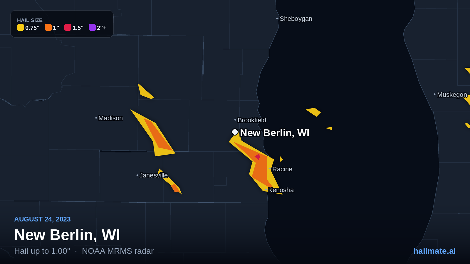 Hail swath map for New Berlin, WI on August 24, 2023 showing 1.00 inch hail.