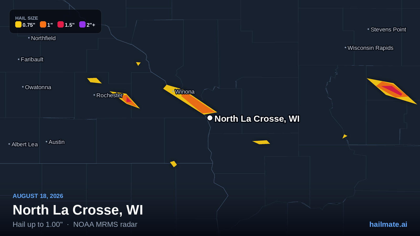 Hail swath map showing 1.00 inch hail over North La Crosse, Wisconsin on August 18, 2026.