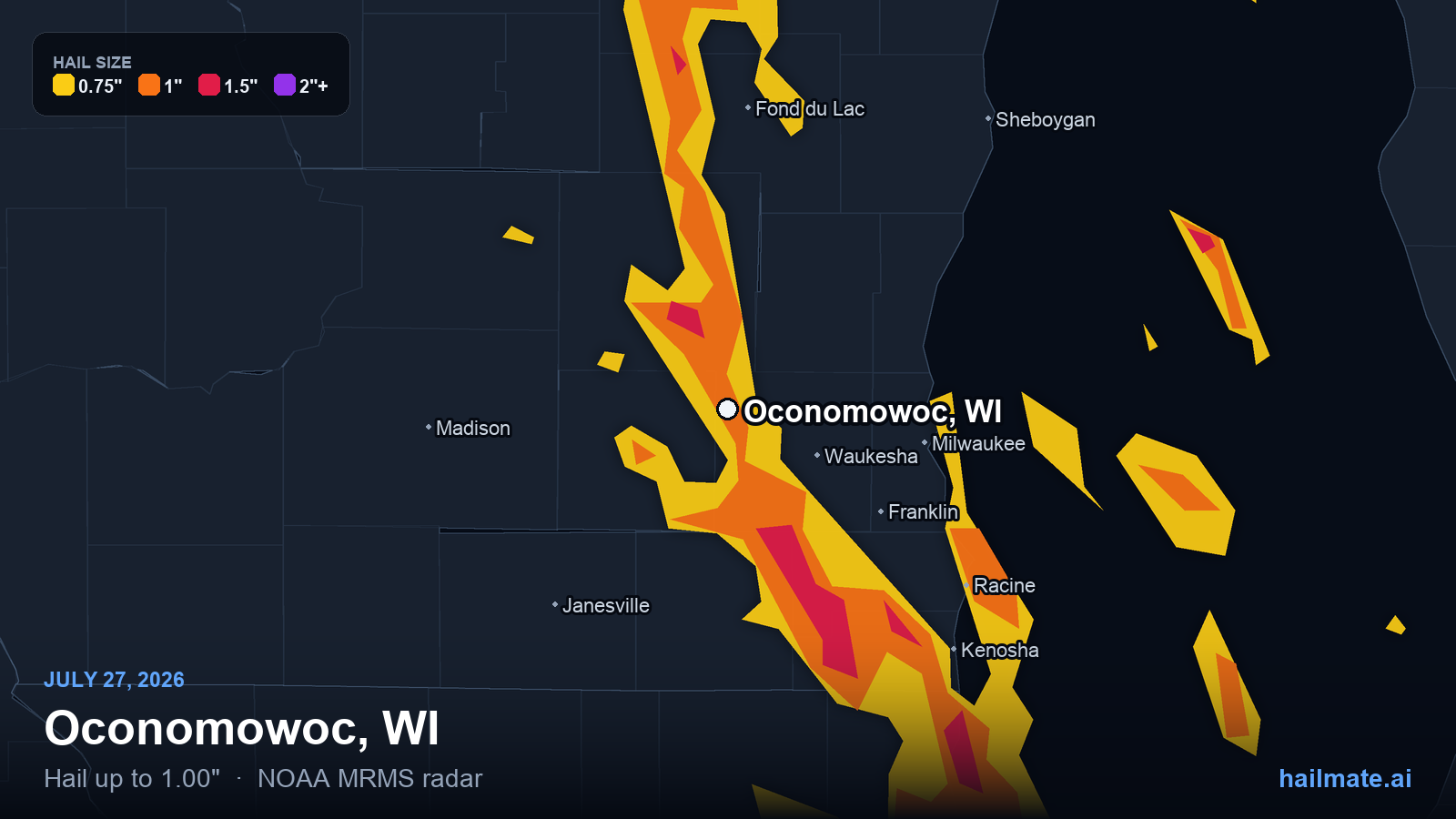 Hail swath map for Oconomowoc, WI on July 27, 2026 showing 1.00 inch hail.