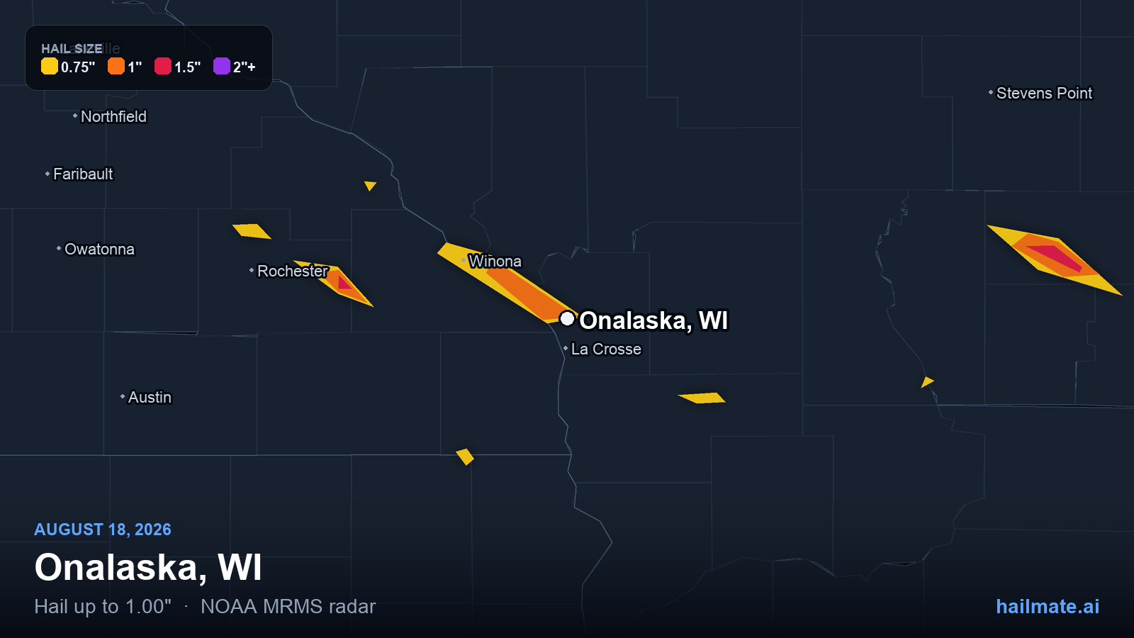 Hail swath map for Onalaska, WI on August 18, 2026 showing 1.00 inch hail.