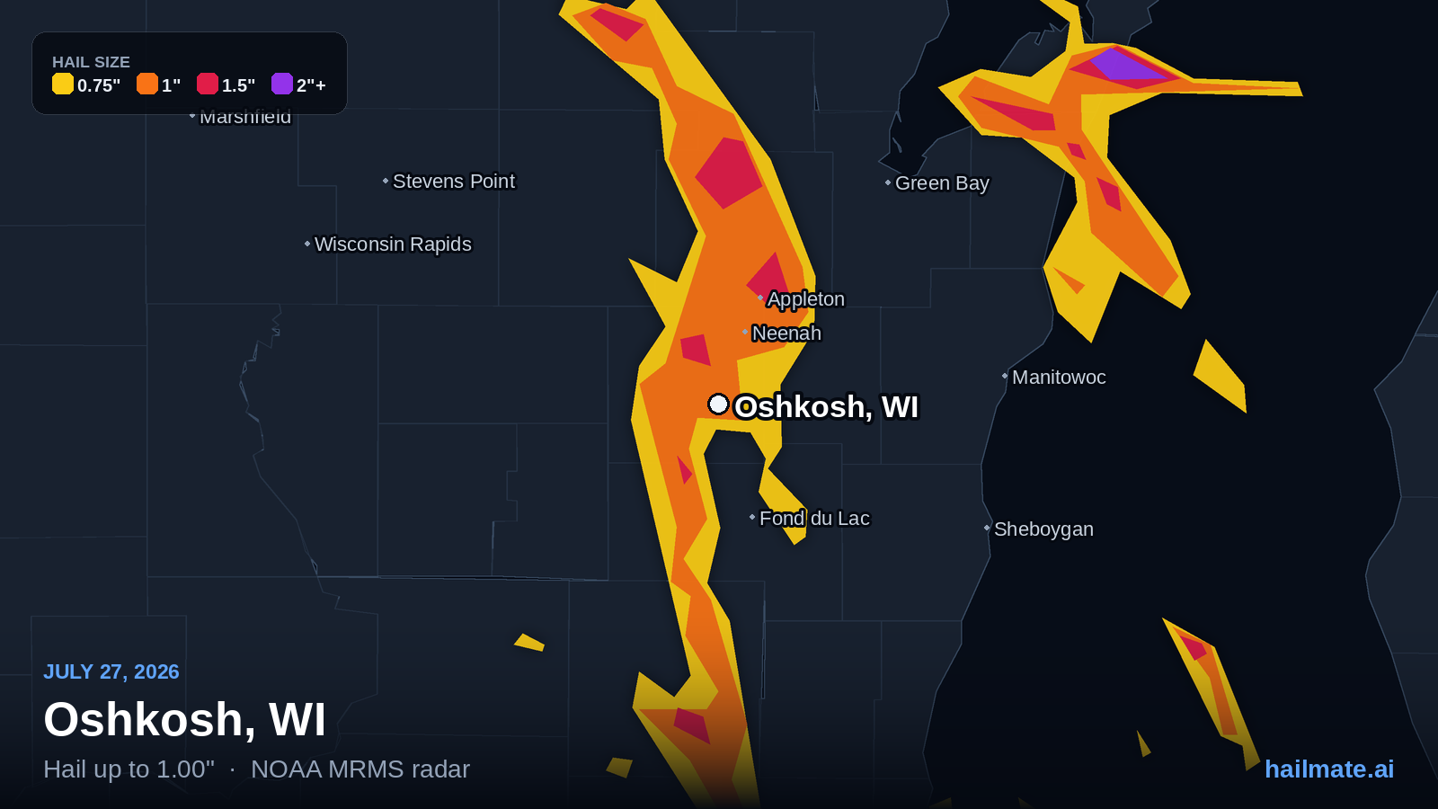 Hail swath map for Oshkosh, WI on July 27, 2026 showing 1.00 inch hail.