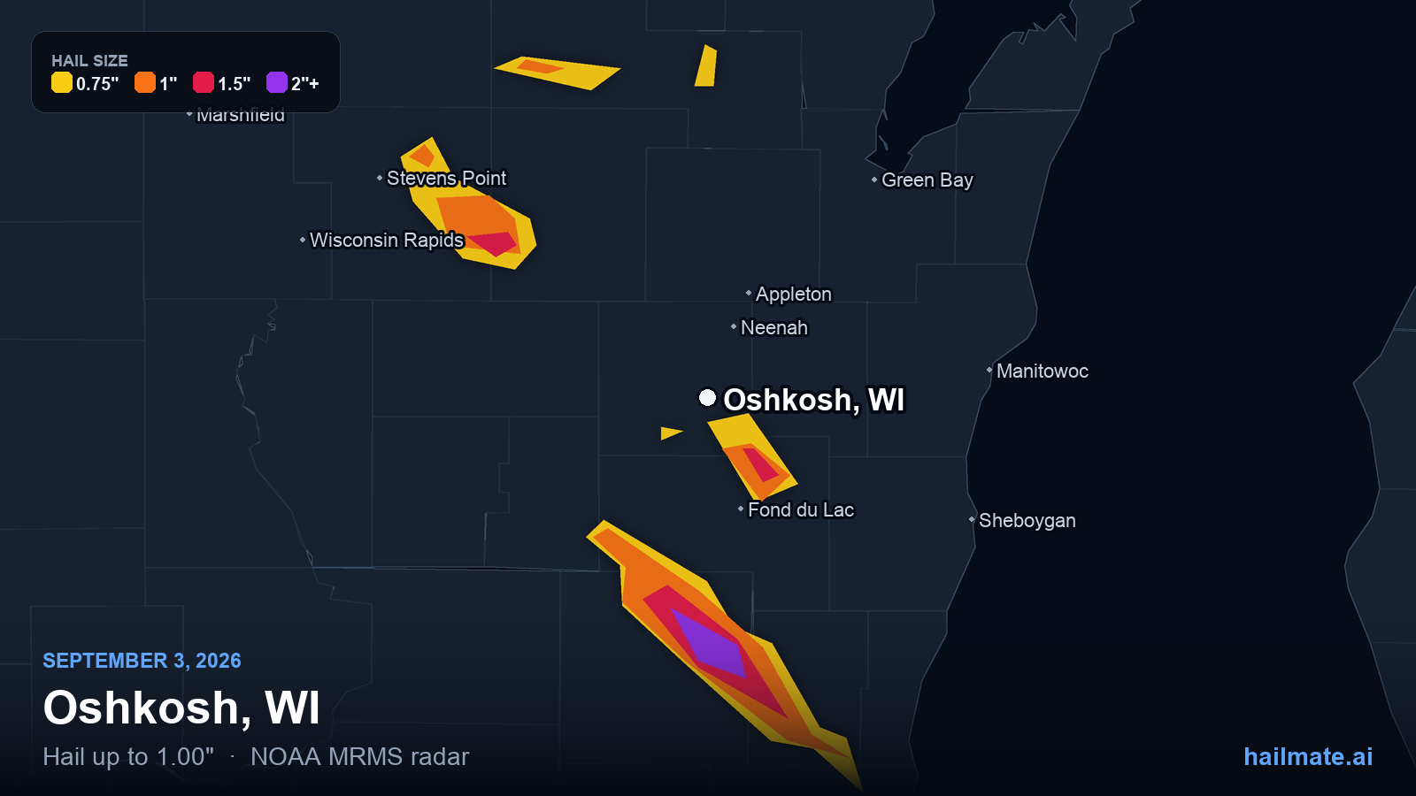 Hail swath map for Oshkosh, WI on September 3, 2026 showing 1.00 inch hail.
