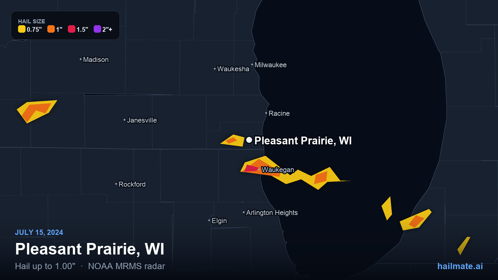 Hail swath map for Pleasant Prairie, WI on July 15, 2024 showing 1.00 inch hail.