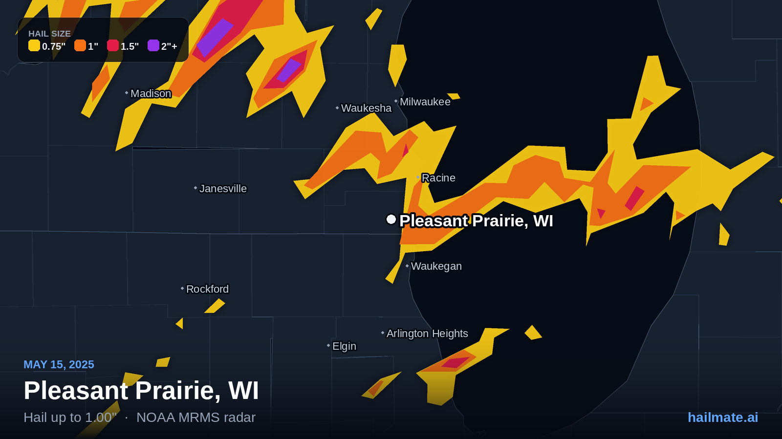 Hail swath map for Pleasant Prairie, WI on May 15, 2025 showing 1.00 inch hail.