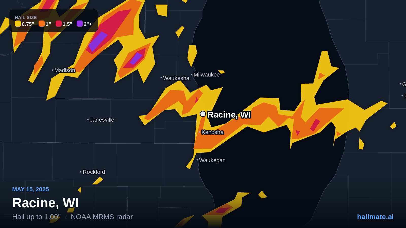 Hail swath map for Racine, WI on May 15, 2025 showing 1.00 inch hail.