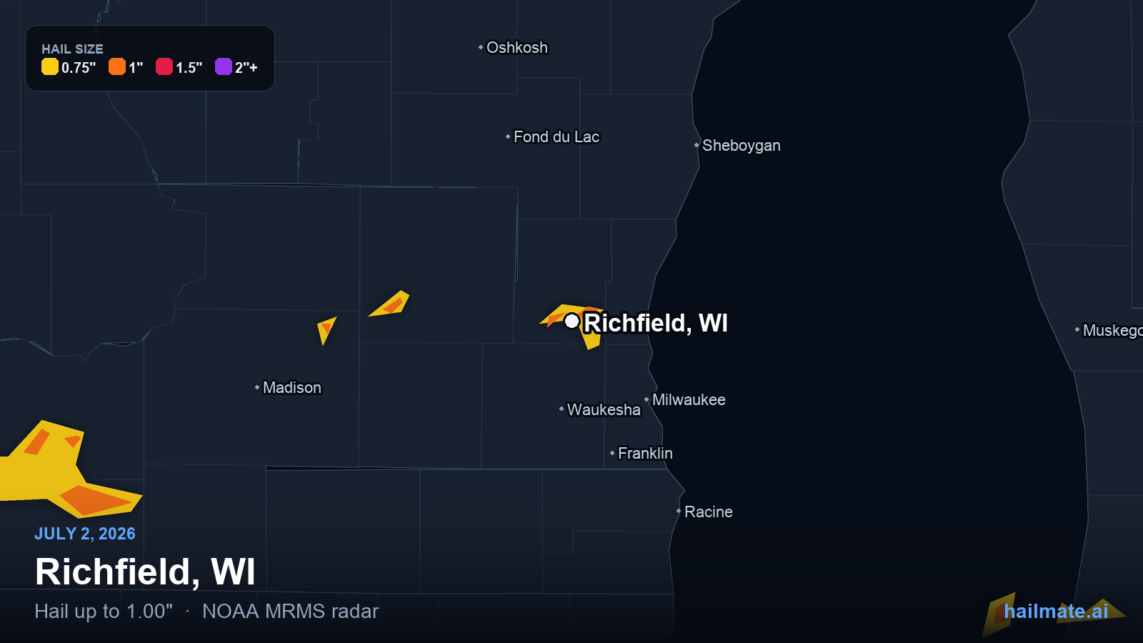 Hail swath map for Richfield, WI on July 2, 2026 showing 1.00 inch hail.
