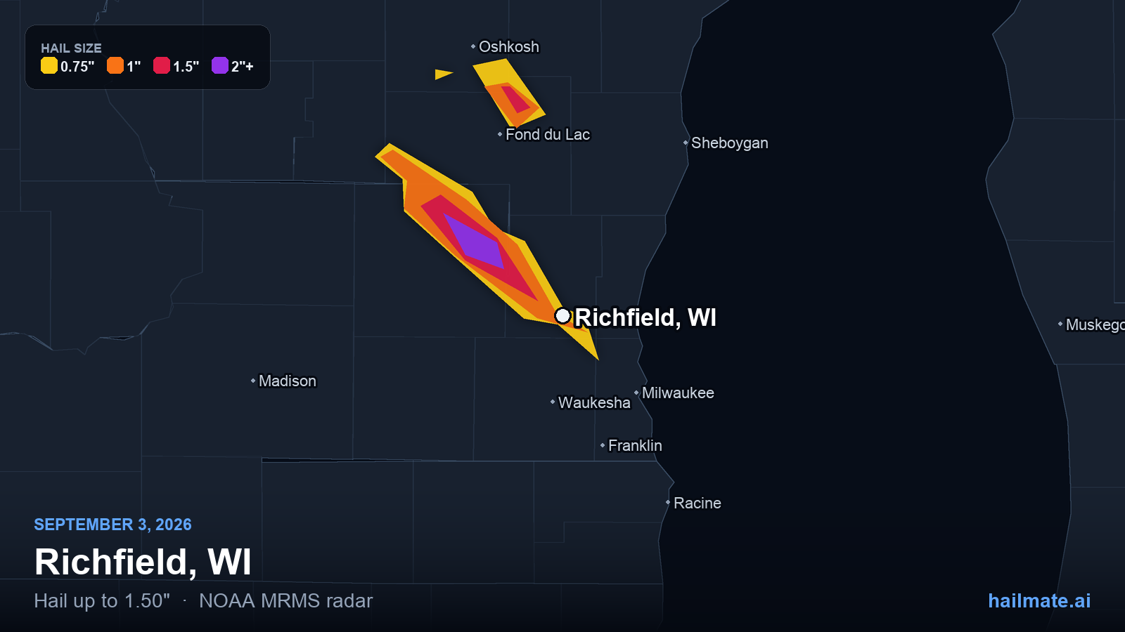 Hail swath map for Richfield, WI on September 3, 2026 showing 1.50 inch hail.