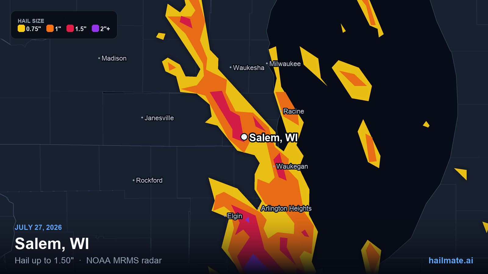 Hail swath map for Salem, WI on July 27, 2026 showing 1.50 inch hail.