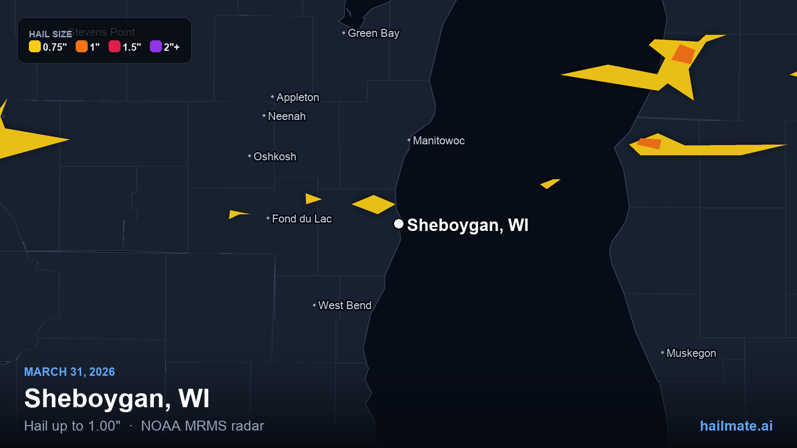 Hail swath map for Sheboygan, WI on March 31, 2026 showing 1.00 inch hail.