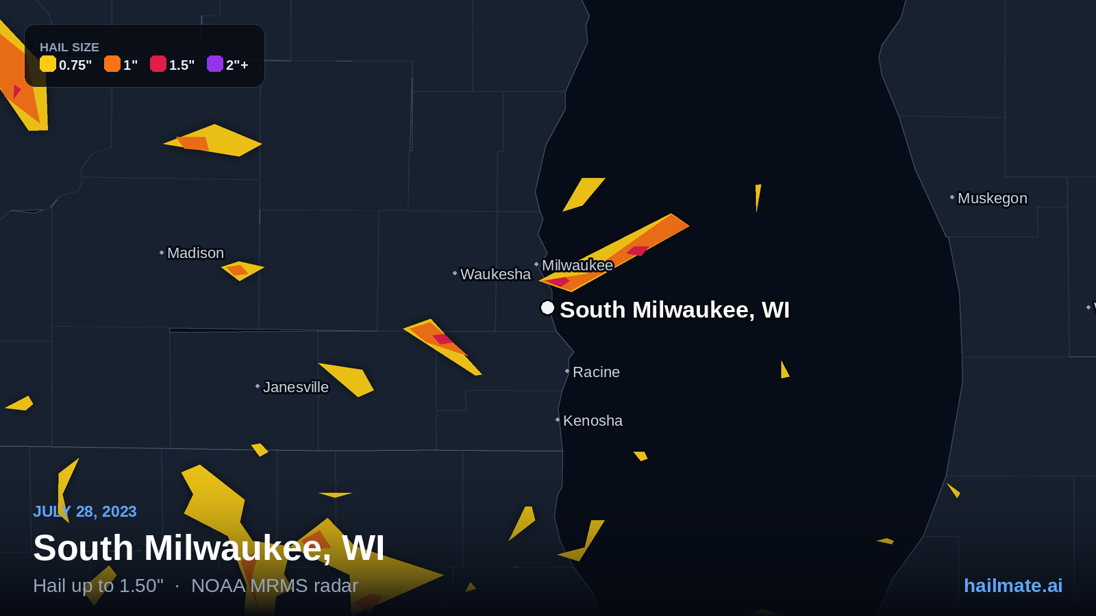 Hail swath map for South Milwaukee, WI on July 28, 2023 showing 1.50 inch hail.