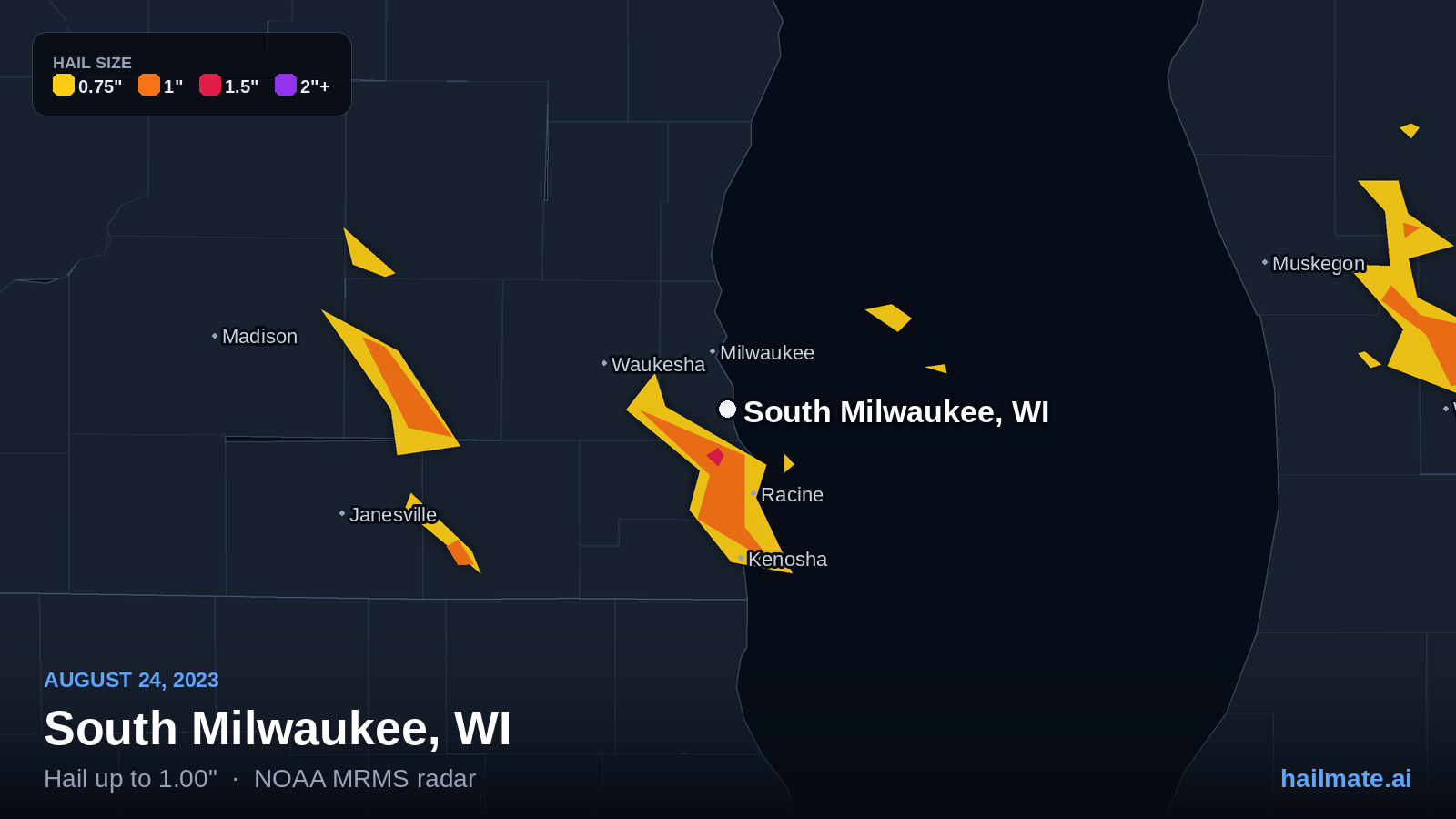 Hail swath map for South Milwaukee, WI on August 24, 2023 showing 1.00 inch hail.
